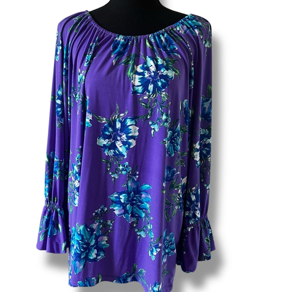 Susan Graver Purple Floral Liquid Knit Bell Sleeve Blouse Top 1X